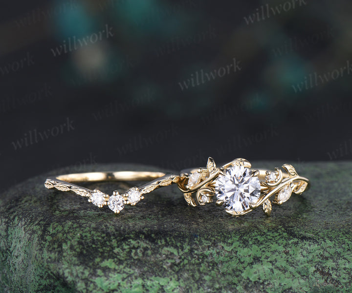 1ct round cut lab grown diamond engagement ring set unique moon leaves vines ring solid yellow gold bridal set