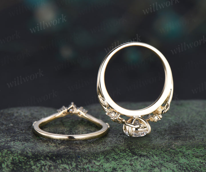 1ct round cut lab grown diamond engagement ring set unique moon leaves vines ring solid yellow gold bridal set