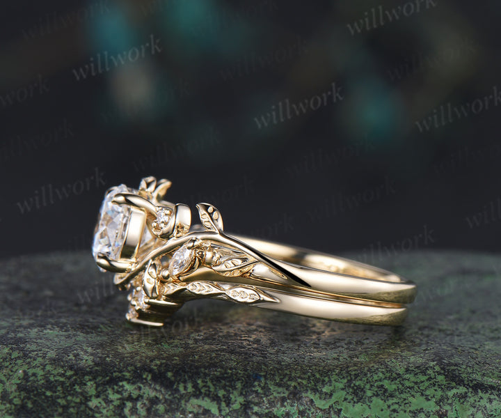1ct round cut lab grown diamond engagement ring set unique moon leaves vines ring solid yellow gold bridal set