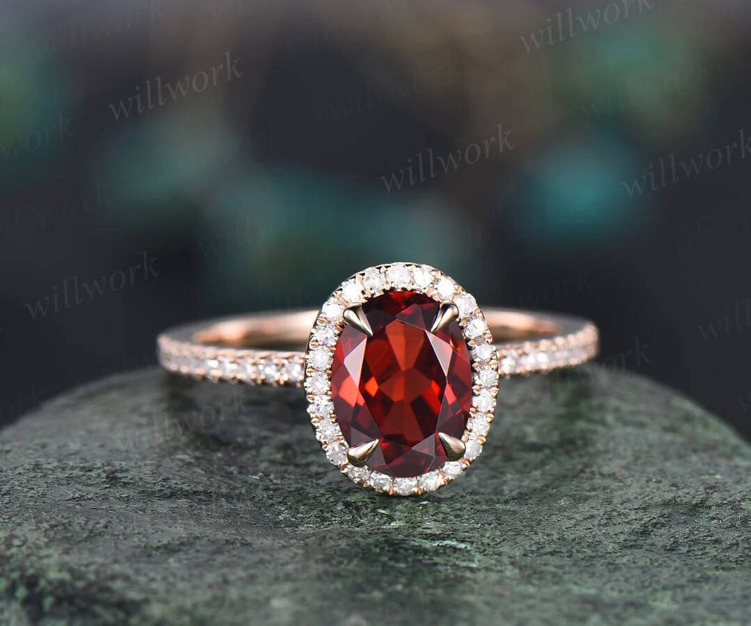 Unique engagement ring set oval garnet engagement ring set vintage natural ruby ring art deco diamond ring set 14k rose gold for women gift