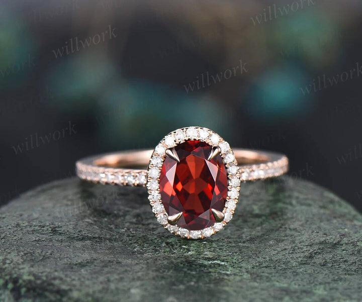 Unique engagement ring set oval garnet engagement ring set vintage natural ruby ring art deco diamond ring set 14k rose gold for women gift