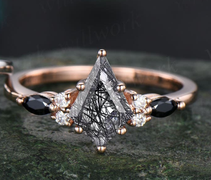 kite cut black rutilated quartz ring unique engagement ring set rose gold vintage moissanite ring women black diamond wedding ring set