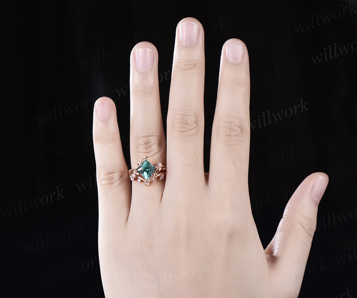 Princess cut green sapphire ring vintage rose gold diamond twig leaf unique engagement ring set three stone anniversary ring women gift