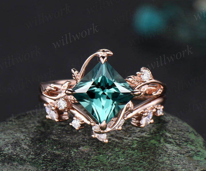 Princess cut green sapphire ring vintage rose gold diamond twig leaf unique engagement ring set three stone anniversary ring women gift