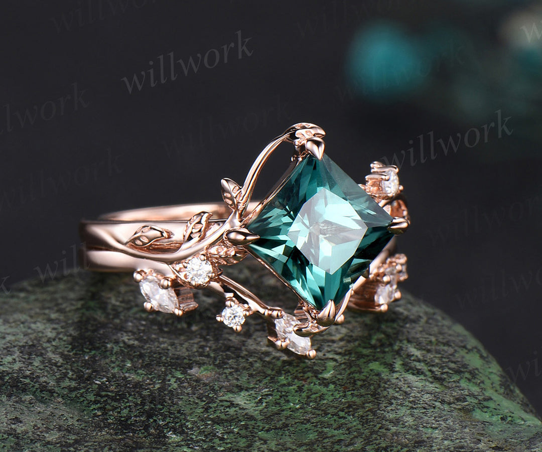 Princess cut green sapphire ring vintage rose gold diamond twig leaf unique engagement ring set three stone anniversary ring women gift