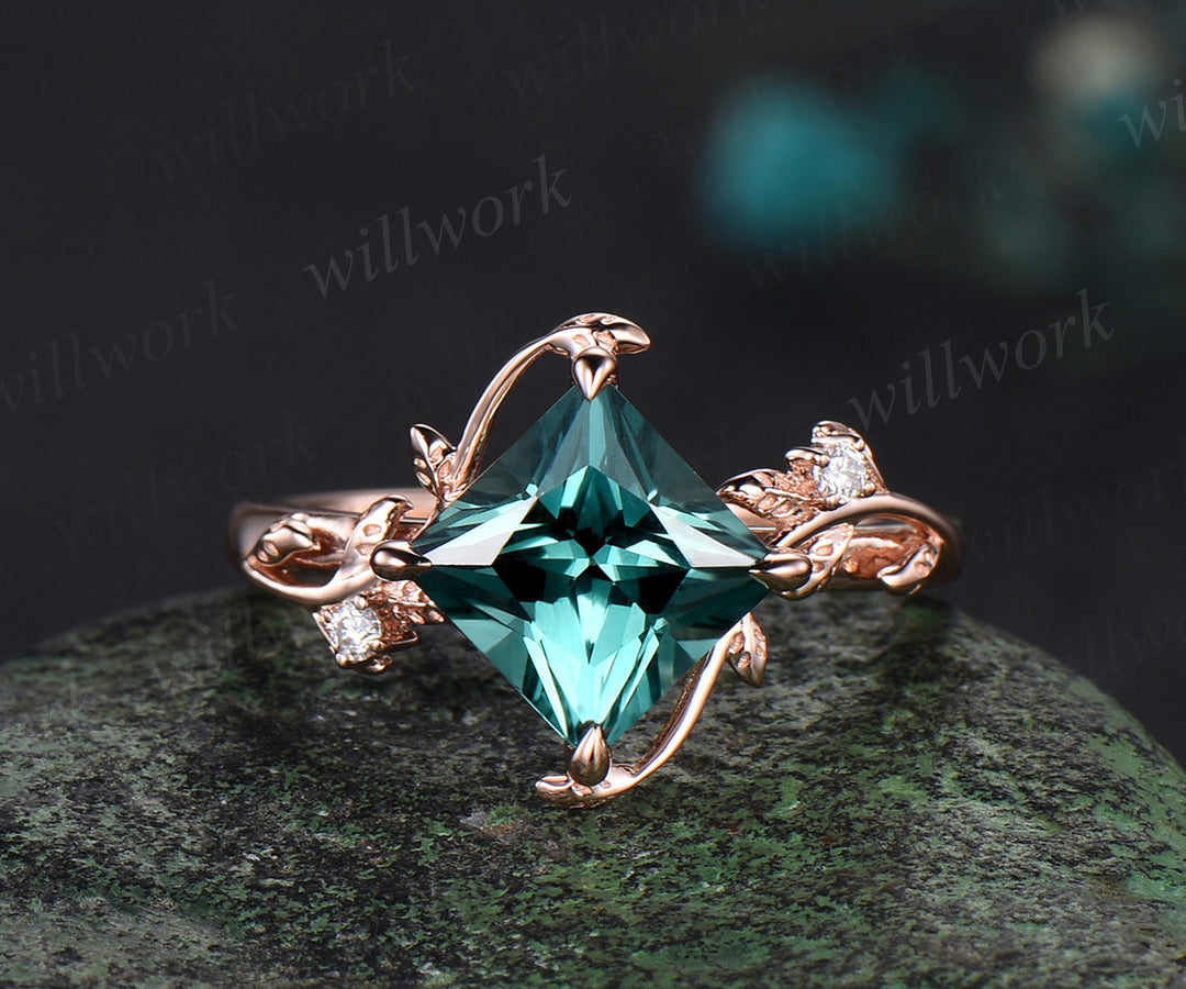 Princess cut green sapphire ring vintage rose gold diamond twig leaf unique engagement ring set three stone anniversary ring women gift