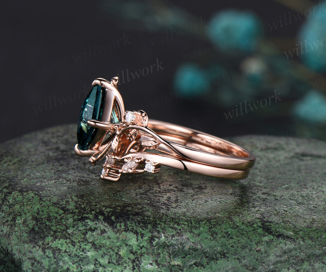 Princess cut green sapphire ring vintage rose gold diamond twig leaf unique engagement ring set three stone anniversary ring women gift