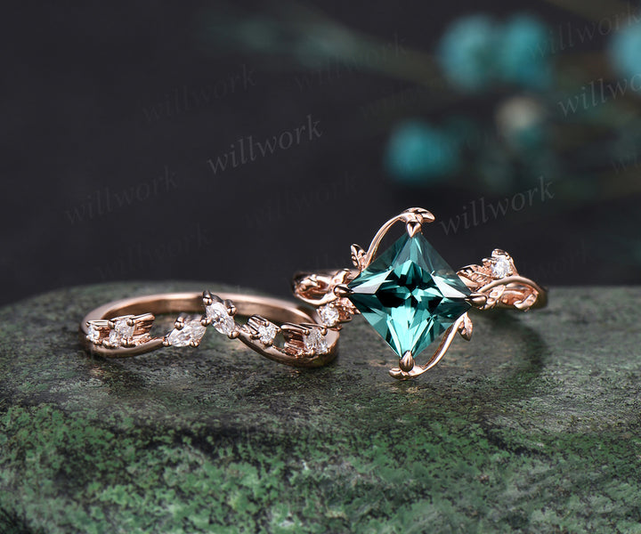 Princess cut green sapphire ring vintage rose gold diamond twig leaf unique engagement ring set three stone anniversary ring women gift