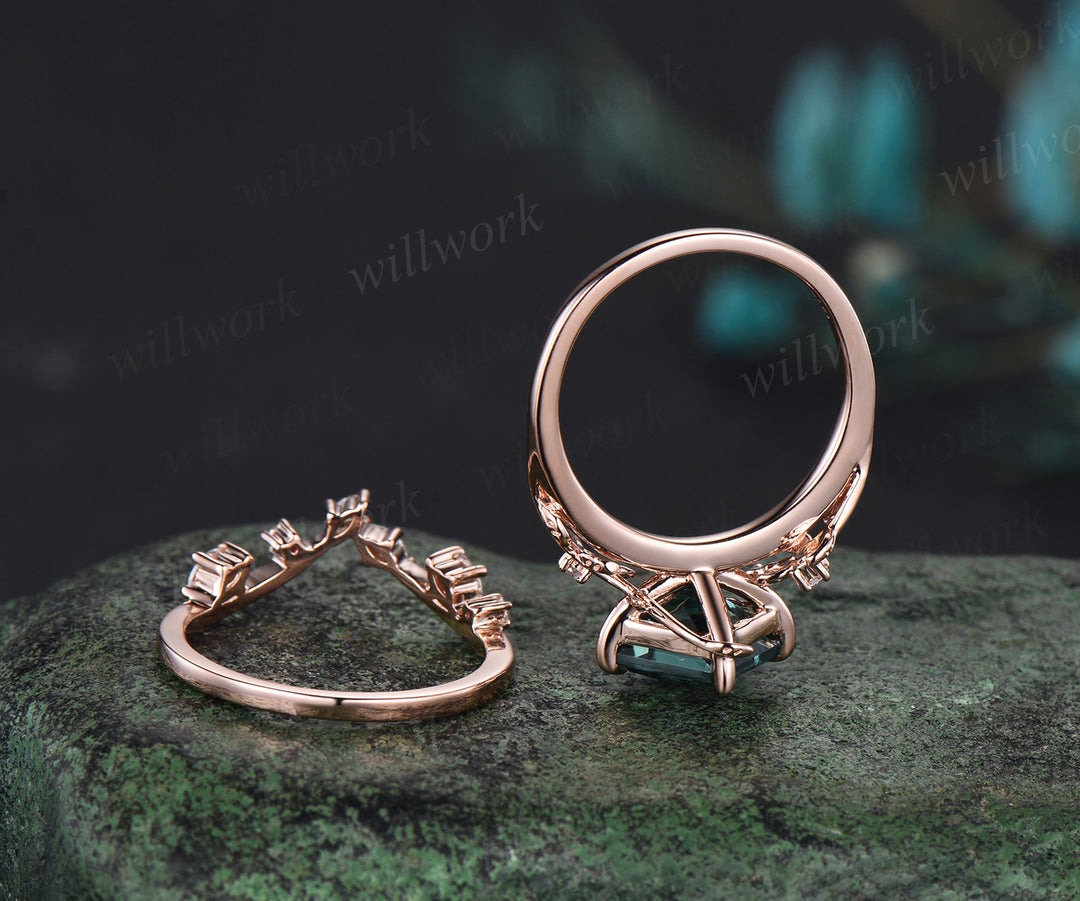 Princess cut green sapphire ring vintage rose gold diamond twig leaf unique engagement ring set three stone anniversary ring women gift