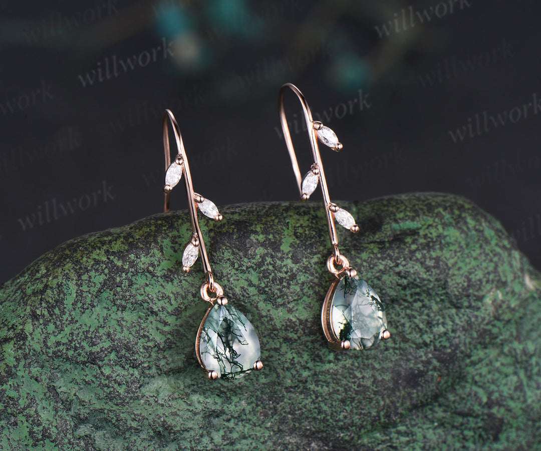 Unique pear moss agate leaf moissanites earrings marquise cut moissanite dangle earrings gift for her