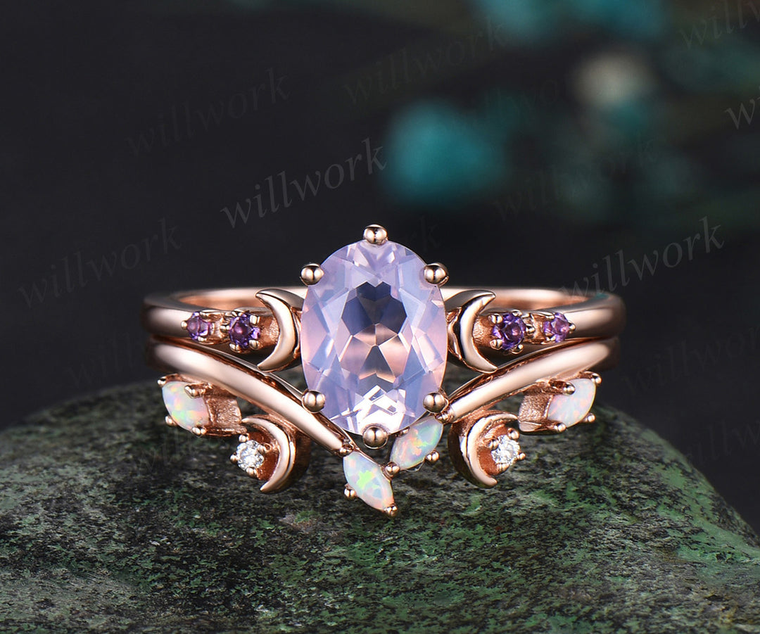 Oval cut Lavender Amethyst engagement ring rose gold moon five stone opal ring women anniversary wedding ring set