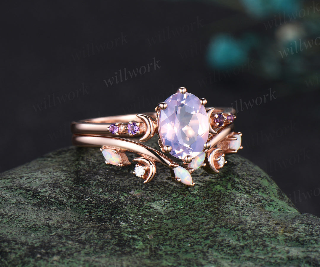 Oval cut Lavender Amethyst engagement ring rose gold moon five stone opal ring women anniversary wedding ring set