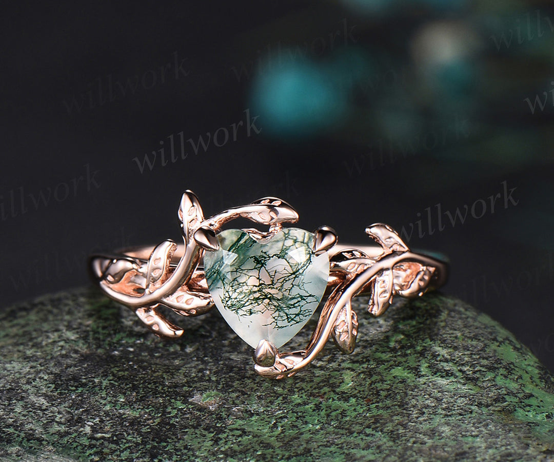 Heart shaped green moss agate engagement ring 14k rose gold twig leaf Solitaire wedding anniversary ring women gift