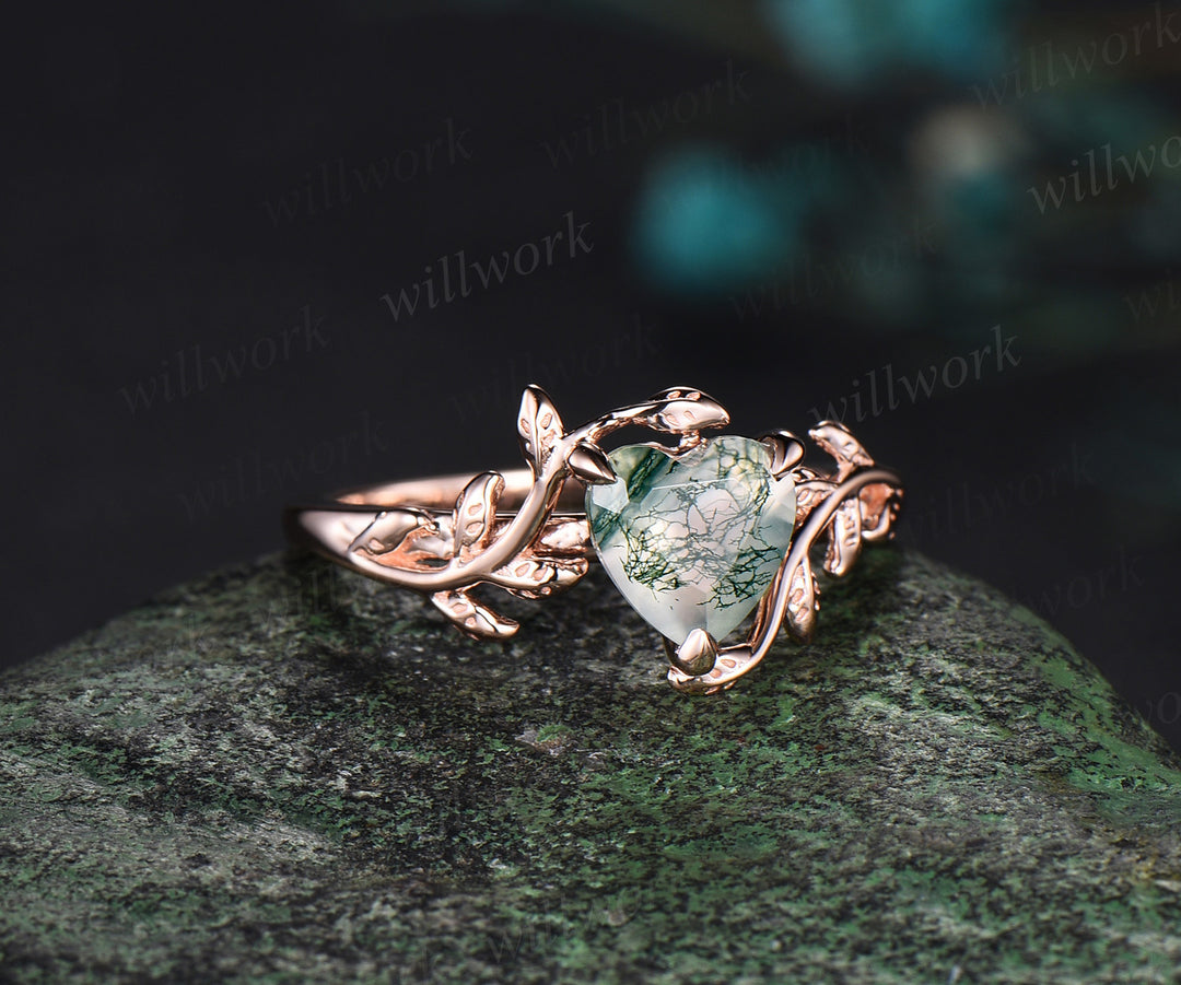 Heart shaped green moss agate engagement ring 14k rose gold twig leaf Solitaire wedding anniversary ring women gift