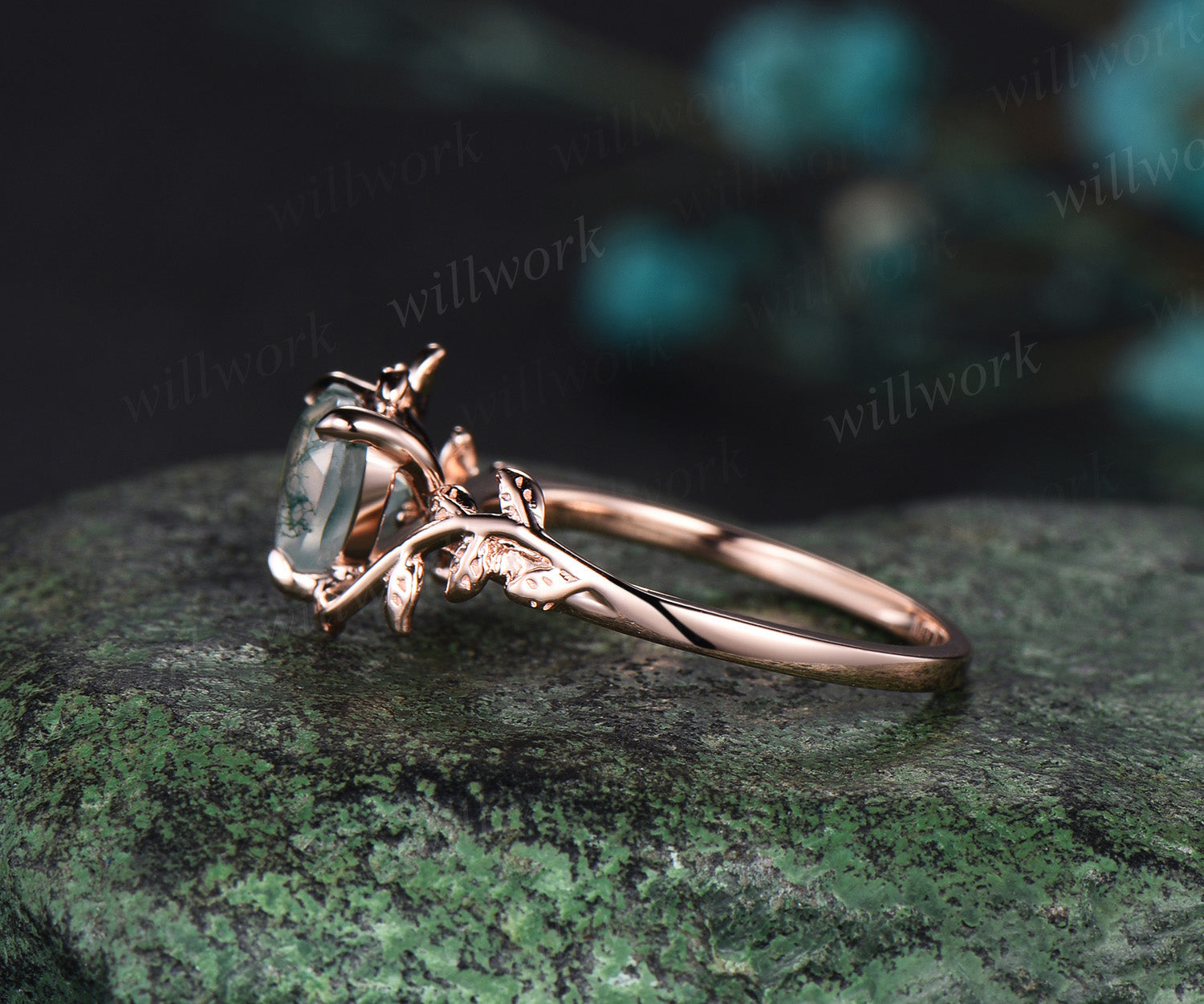 Heart shaped green moss agate engagement ring 14k rose gold twig
