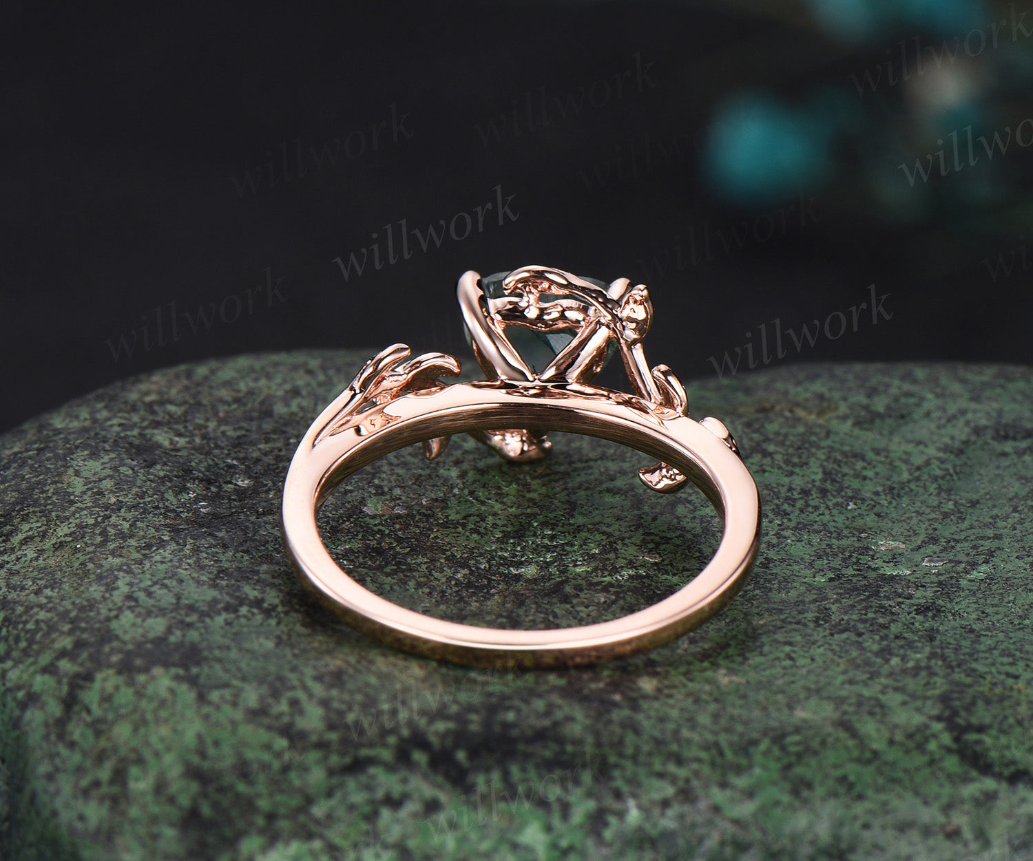 Heart shaped green moss agate engagement ring 14k rose gold twig