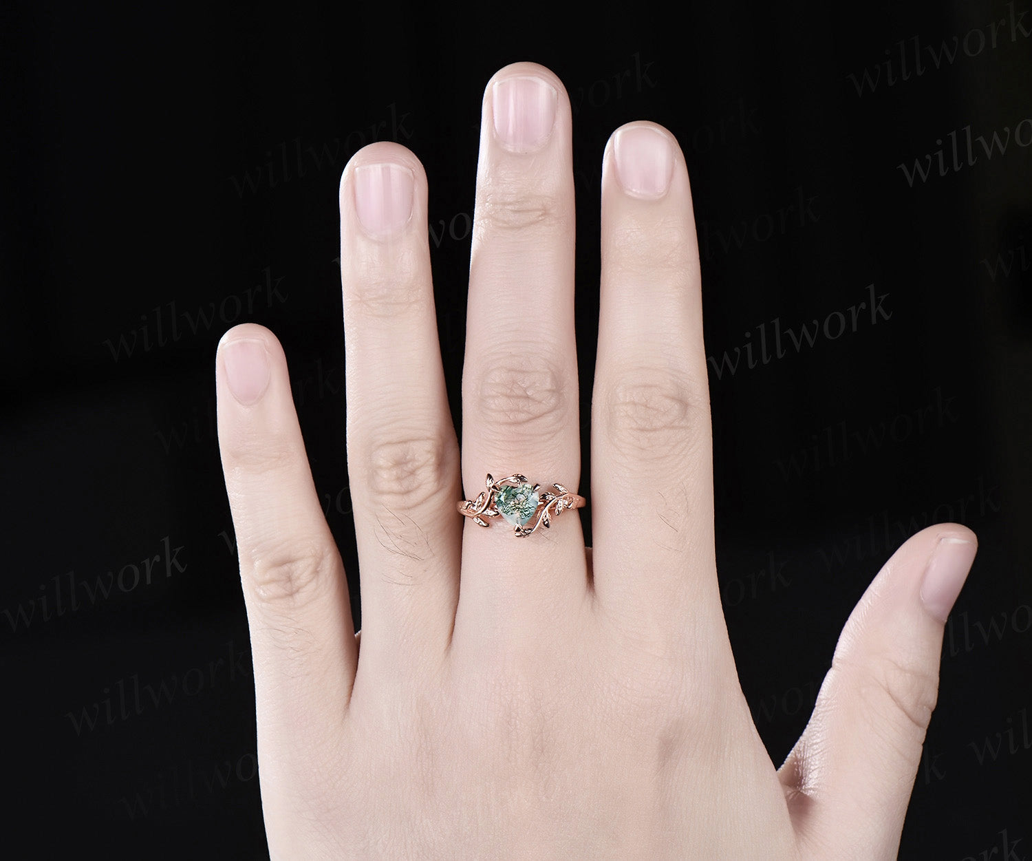 Heart shaped green moss agate engagement ring 14k rose gold twig