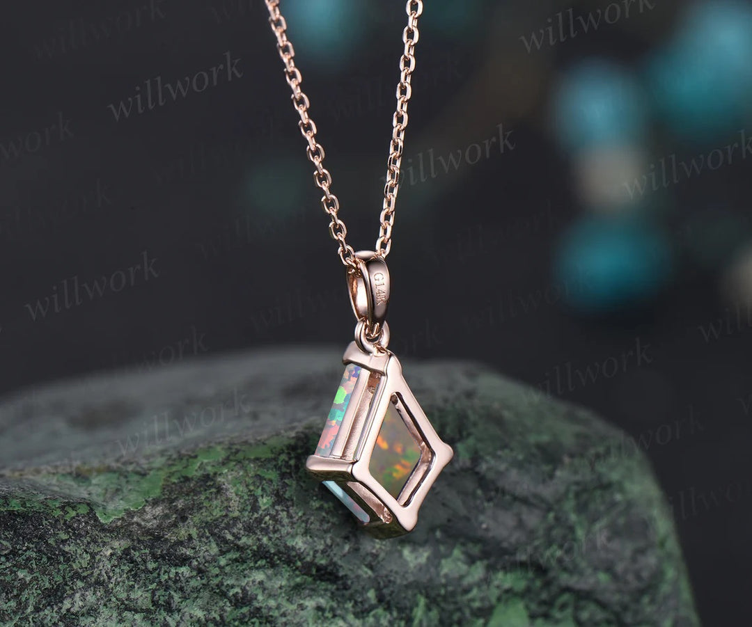 Kite white opal necklace solid 14k 18k rose gold vintage unique Personalized pendant for women her anniversary bridal gift mother