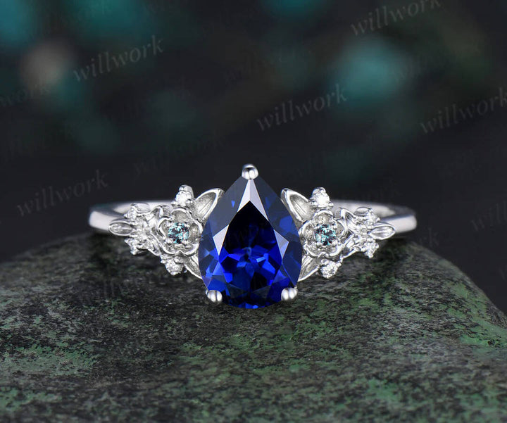 Unique Leaf Flower Nature Inspired Engagement Ring Set Art Deco September Birthstone Blue Sapphire Wedding Ring Alexandrite Moissanite 2pcs Bridal Ring Set