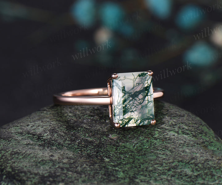 Emerald cut green moss agate engagement ring solid 14k rose gold Solitaire promise anniversary ring women gift