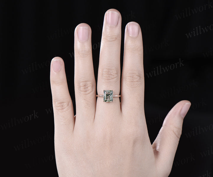 Emerald cut green moss agate engagement ring solid 14k rose gold Solitaire promise anniversary ring women gift