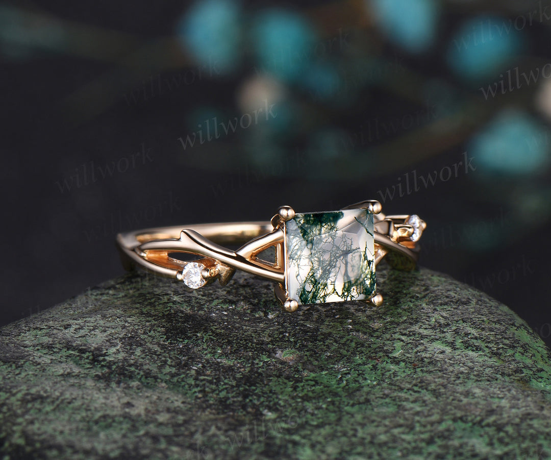 Princess cut moss agate ring yellow gold diamond twig branch three stone vintage engagement ring infinity anniversary ring women gift