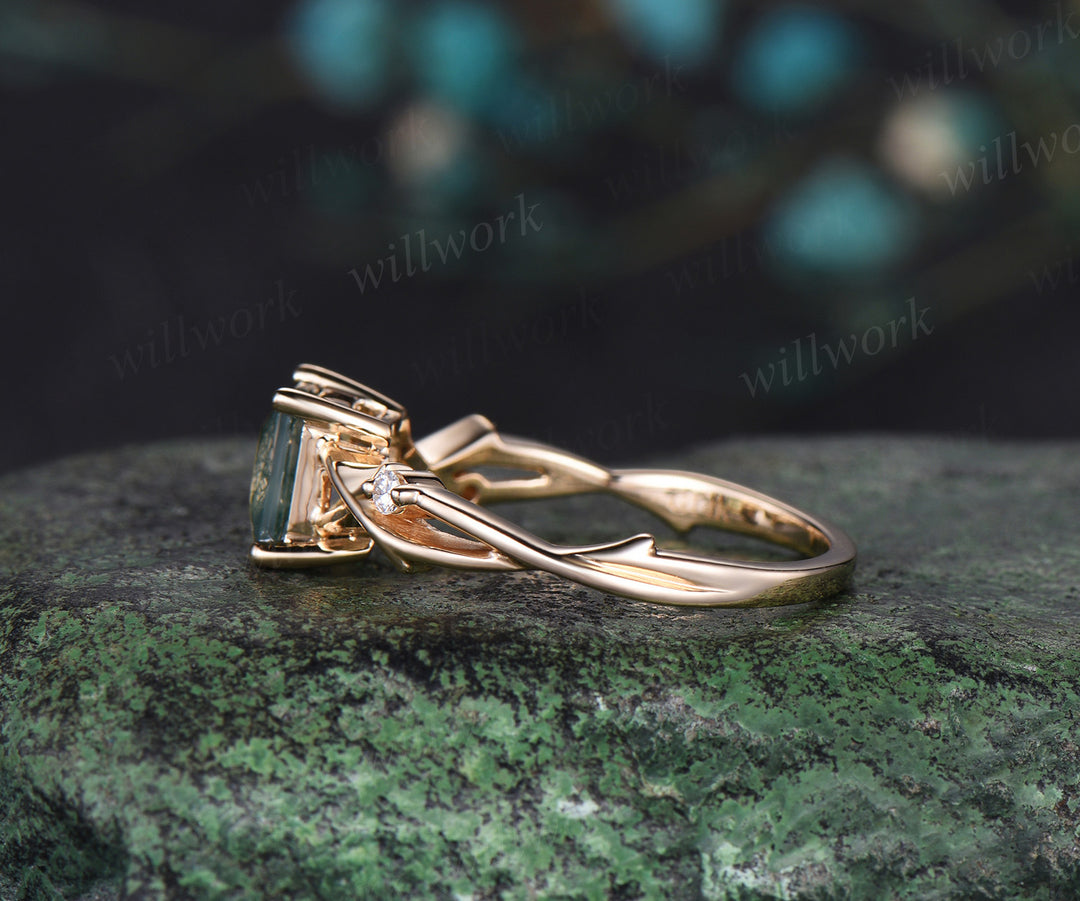 Princess cut moss agate ring yellow gold diamond twig branch three stone vintage engagement ring infinity anniversary ring women gift