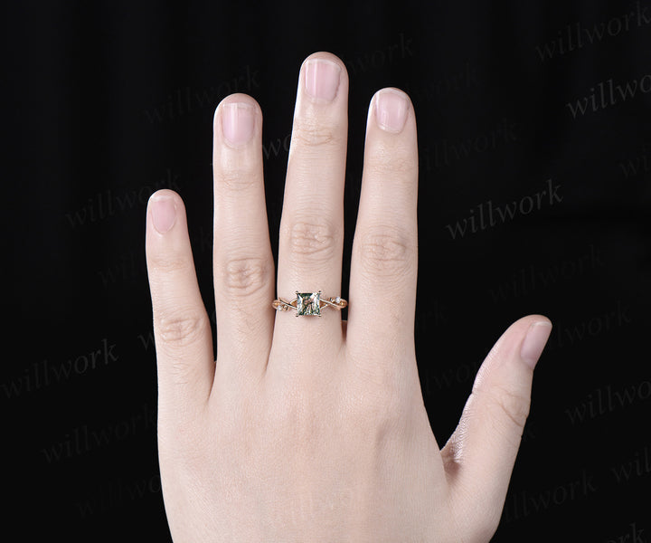 Princess cut moss agate ring yellow gold diamond twig branch three stone vintage engagement ring infinity anniversary ring women gift