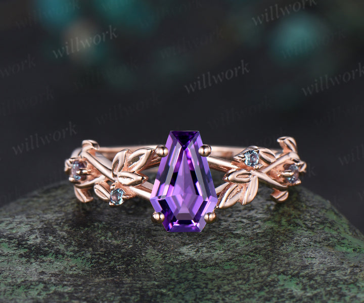 Coffin cut amethyst engagement ring vintage five stone alexandrite leaf infinity kite cut ring vine branch anniversary ring gift