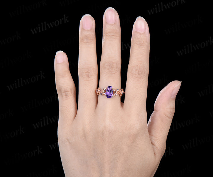 Coffin cut amethyst engagement ring vintage five stone alexandrite leaf infinity kite cut ring vine branch anniversary ring gift