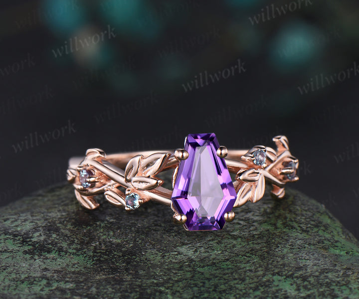 Coffin cut amethyst engagement ring vintage five stone alexandrite leaf infinity kite cut ring vine branch anniversary ring gift