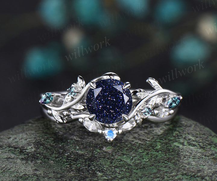 Round cut blue sandstone ring vintage white gold diamond branch leaf unique engagement ring set women alexandrite wedding ring