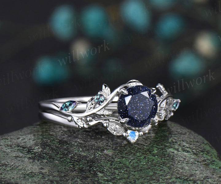 Round cut blue sandstone ring vintage white gold diamond branch leaf unique engagement ring set women alexandrite wedding ring