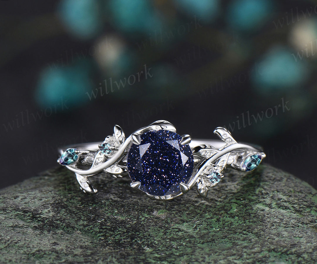 Round cut blue sandstone ring vintage white gold diamond branch leaf unique engagement ring set women alexandrite wedding ring