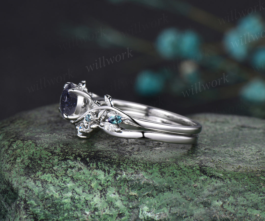 Round cut blue sandstone ring vintage white gold diamond branch leaf unique engagement ring set women alexandrite wedding ring