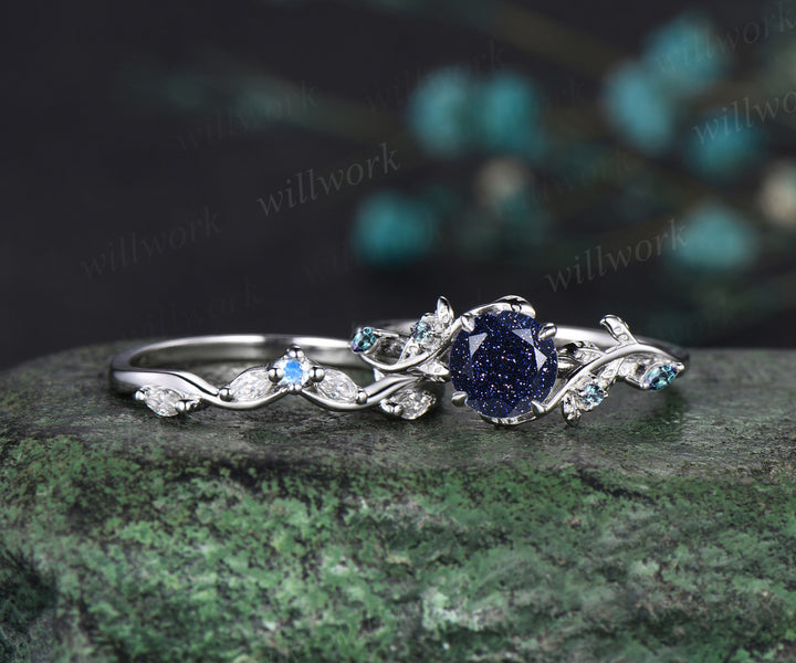 Round cut blue sandstone ring vintage white gold diamond branch leaf unique engagement ring set women alexandrite wedding ring