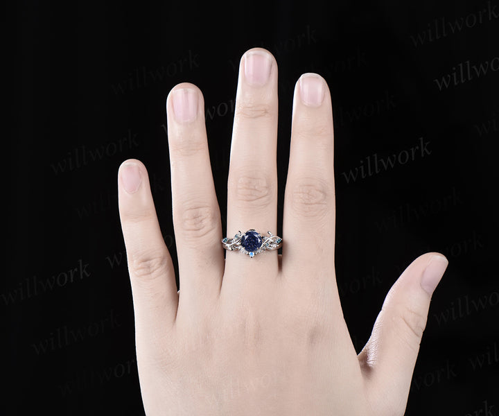 Round cut blue sandstone ring vintage white gold diamond branch leaf unique engagement ring set women alexandrite wedding ring