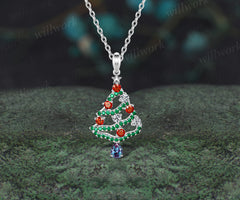 Pear Cut Alexandrite Necklace Ruby Emerald Moissanite Christmas Tree Pendant Xmas Gift for Women