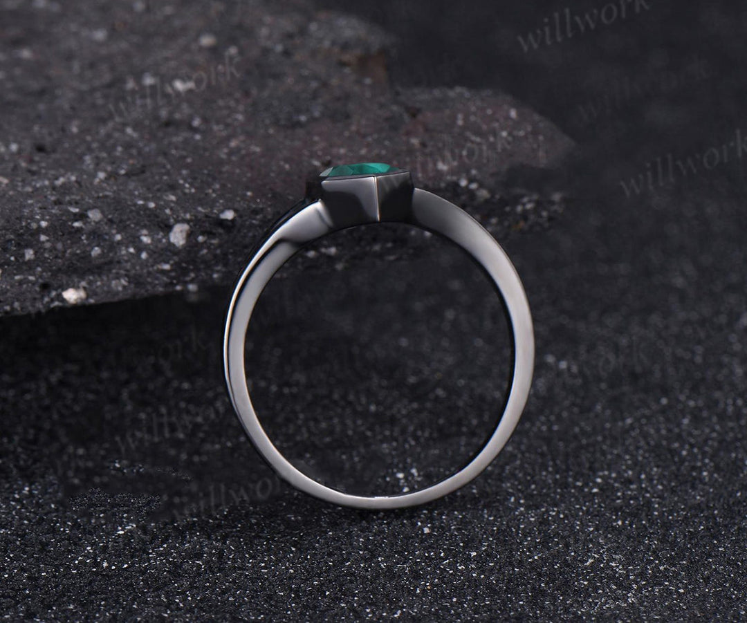 Long Hexagon Cut Emerald Engagement Ring 14k Black Gold Bezel Setting Split Shank Ring May Birthstone Solitaire Ring Women