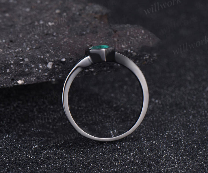 Long Hexagon Cut Emerald Engagement Ring 14k Black Gold Bezel Setting Split Shank Ring May Birthstone Solitaire Ring Women