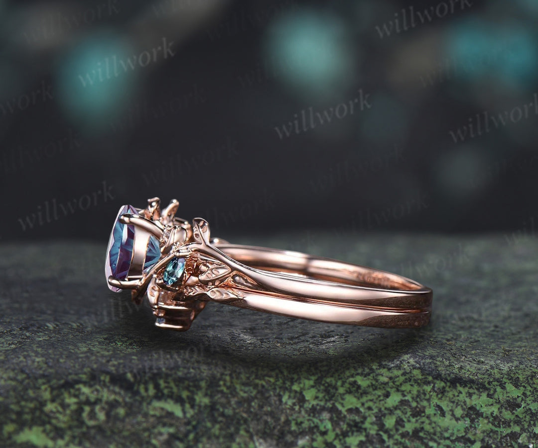Fireworks Cut Alexandrite Ring Set Leafy Vine Art Deco Moon Ring Twig Diamond Alexandrite Matching Band Vintage Bridal Set