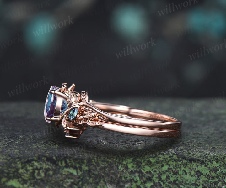 Fireworks Cut Alexandrite Ring Set Leafy Vine Art Deco Moon Ring Twig Diamond Alexandrite Matching Band Vintage Bridal Set