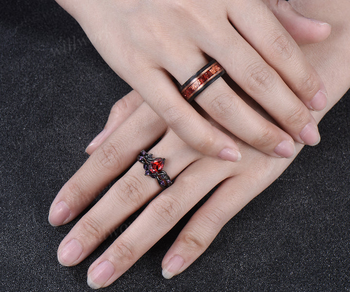 Nature Inspired Leaf twig Pear Garnet Ring Set & Tungsten Garnets Gold Flakes Men’s Band Couple Ring Set
