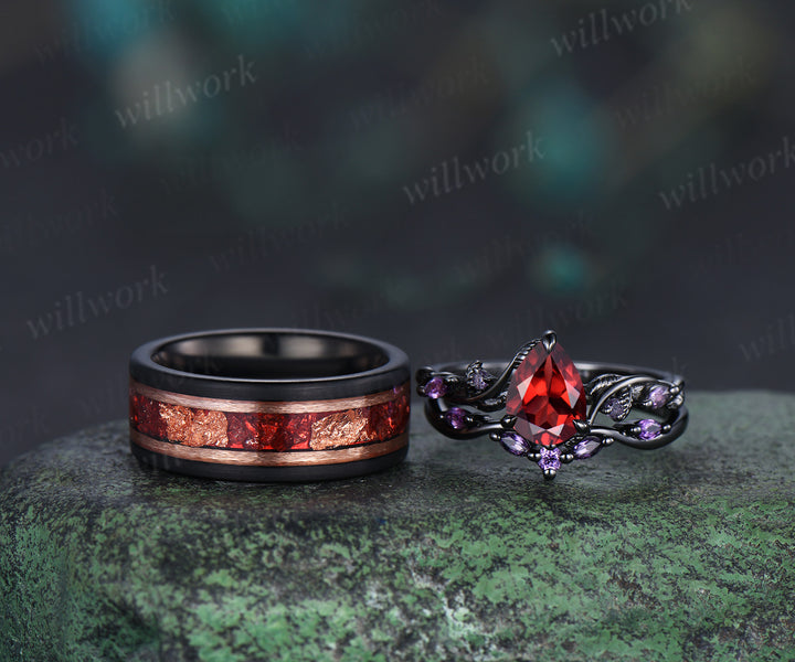 Nature Inspired Leaf twig Pear Garnet Ring Set & Tungsten Garnets Gold Flakes Men’s Band Couple Ring Set