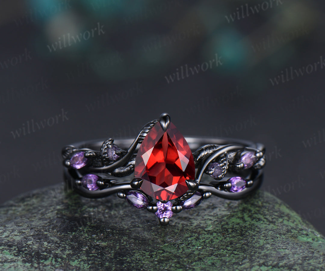 Nature Inspired Leaf twig Pear Garnet Ring Set & Tungsten Garnets Gold Flakes Men’s Band Couple Ring Set