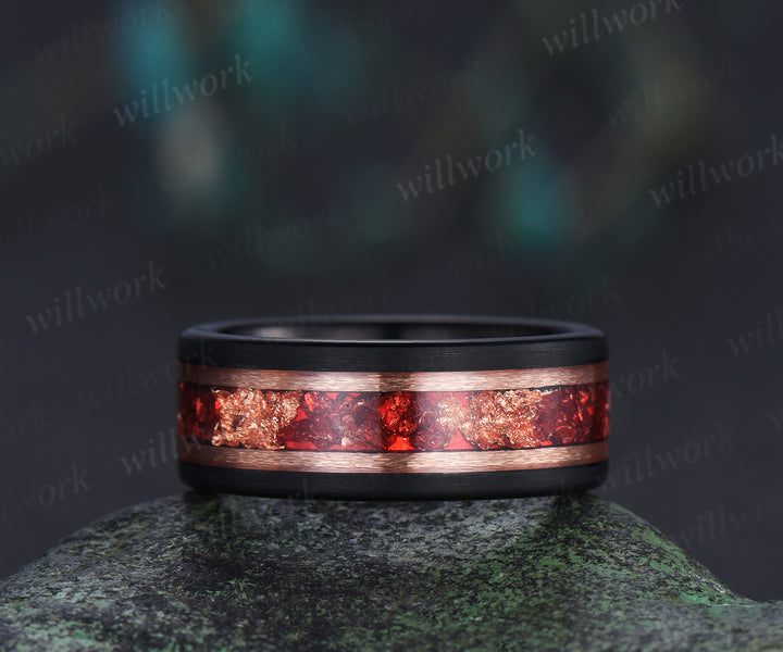 Nature Inspired Leaf twig Pear Garnet Ring Set & Tungsten Garnets Gold Flakes Men’s Band Couple Ring Set