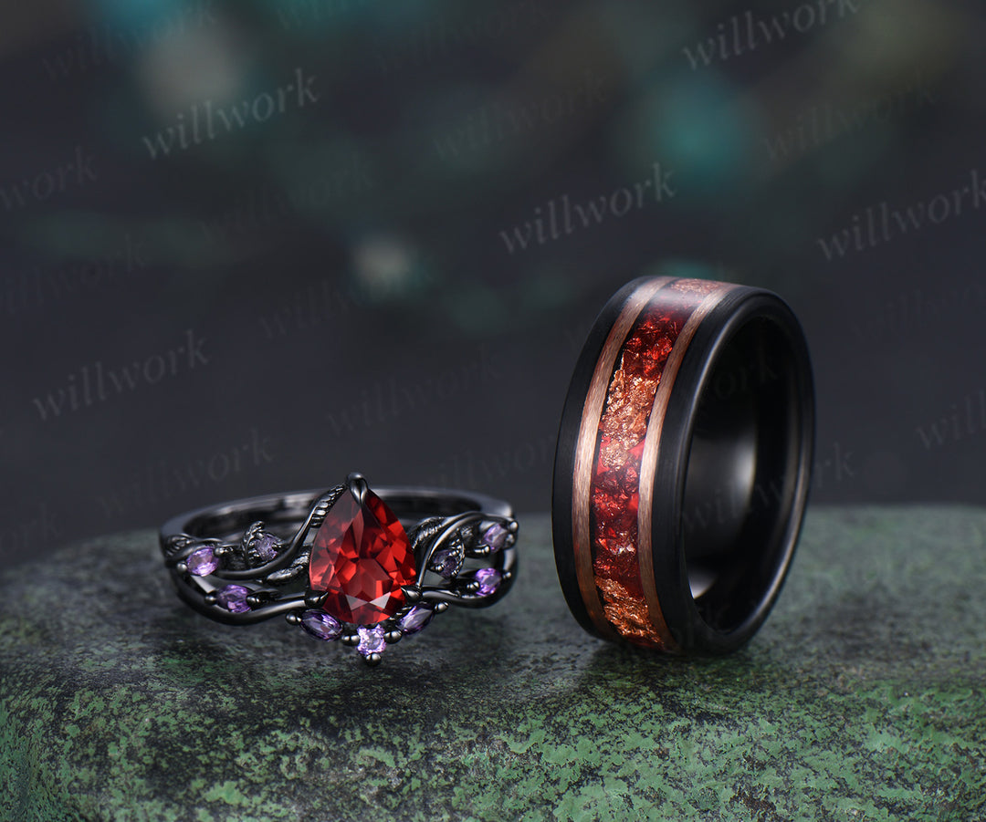 Nature Inspired Leaf twig Pear Garnet Ring Set & Tungsten Garnets Gold Flakes Men’s Band Couple Ring Set