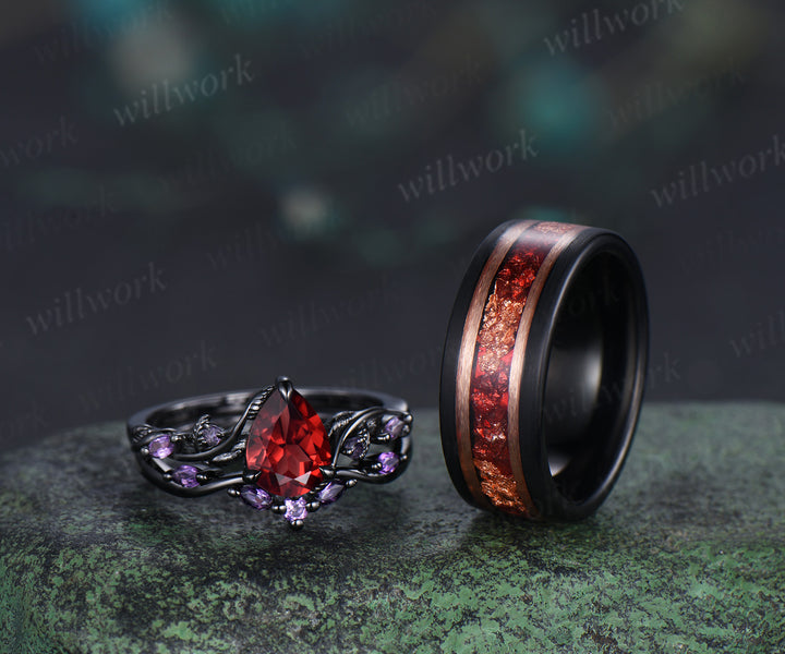 Nature Inspired Leaf twig Pear Garnet Ring Set & Tungsten Garnets Gold Flakes Men’s Band Couple Ring Set