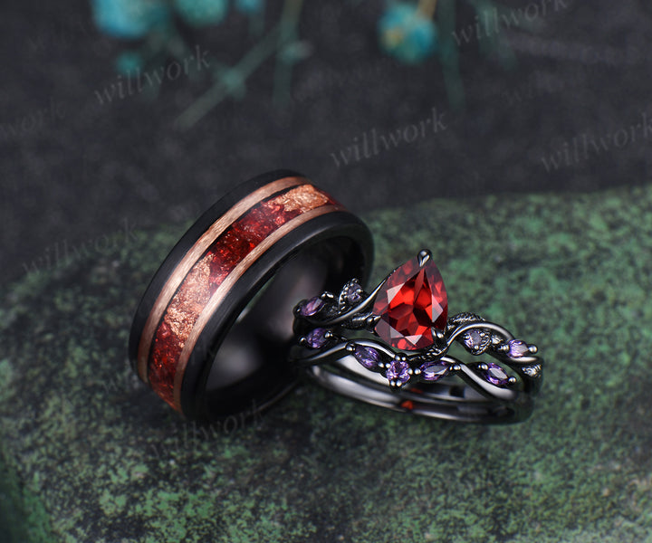 Nature Inspired Leaf twig Pear Garnet Ring Set & Tungsten Garnets Gold Flakes Men’s Band Couple Ring Set