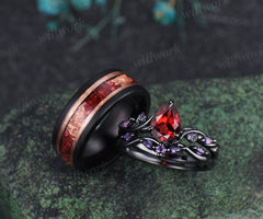 Nature Inspired Leaf twig Pear Garnet Ring Set & Tungsten Garnets Gold Flakes Men Band Couple Ring Set